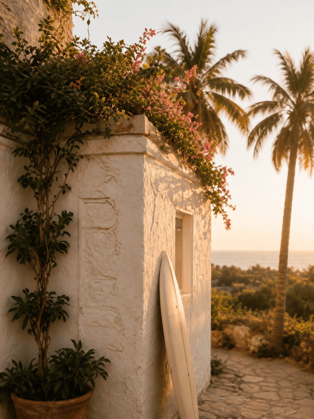 Bougainvillea over a sunlit white archway
