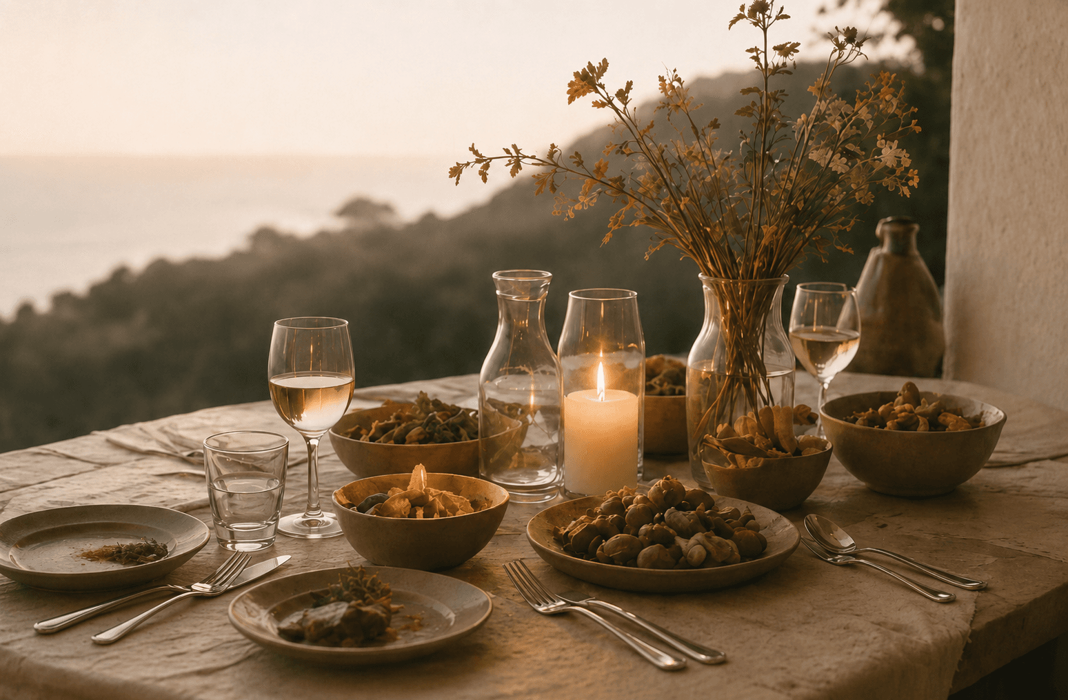 A candlelit table with wine, olives, and dried flowers