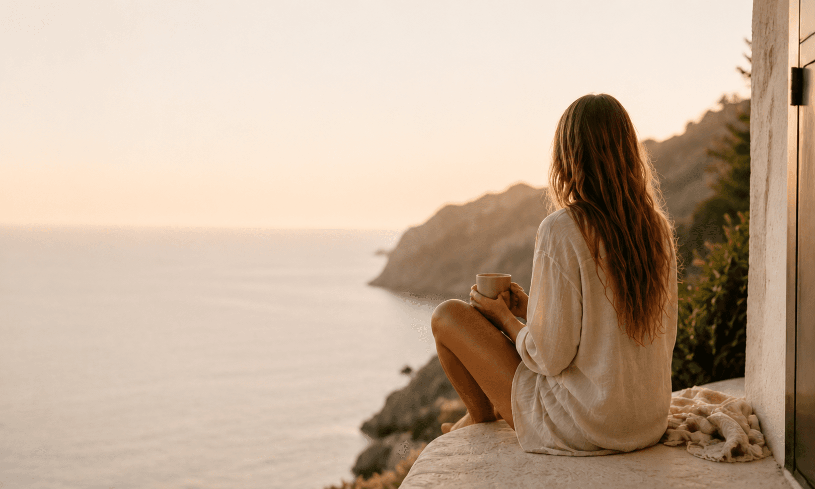 A woman in a soft cream sweater looks out over the sea at golden hour